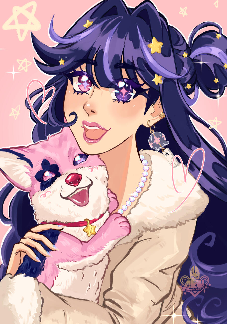 Bust-up art of Nova Eos holding Starpup.